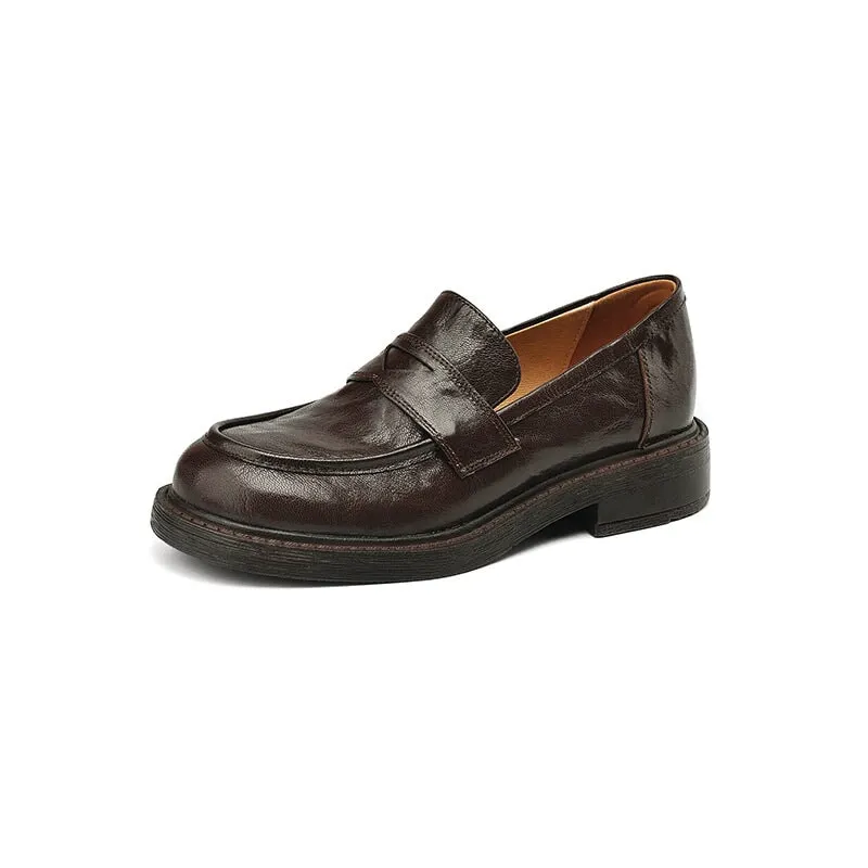 Retro Round Toe Sheepskin Penny Loafers in Black/Coffee