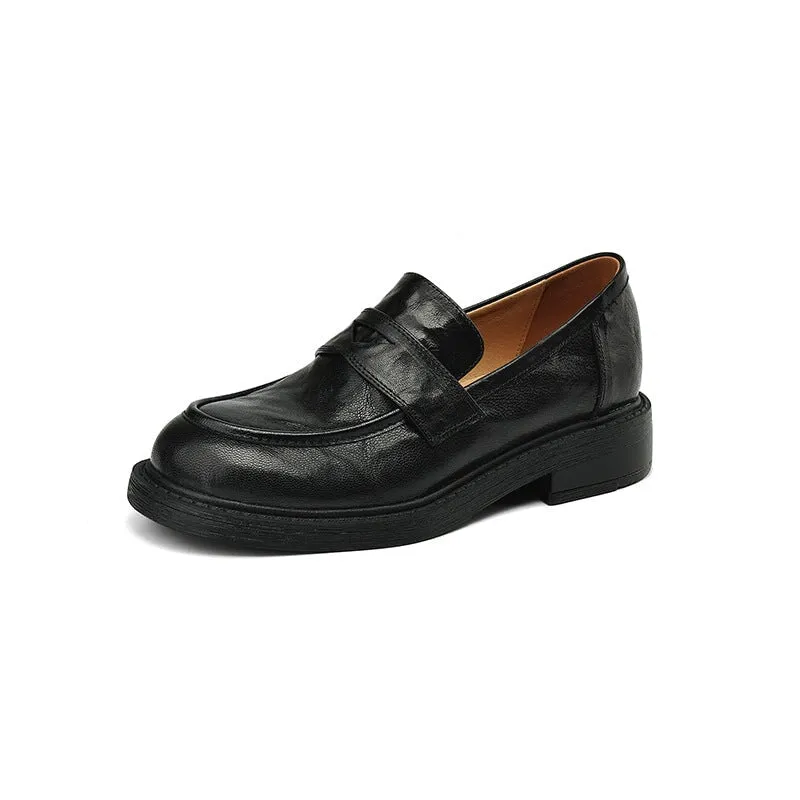 Retro Round Toe Sheepskin Penny Loafers in Black/Coffee