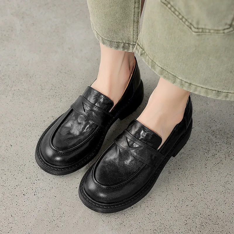 Retro Round Toe Sheepskin Penny Loafers in Black/Coffee