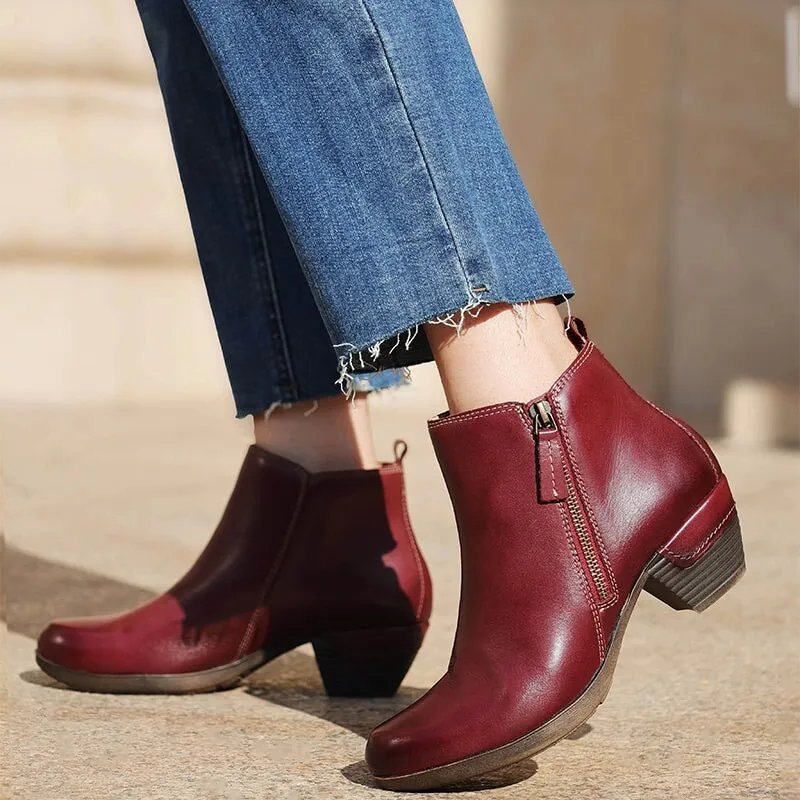 Retro Round Toe Women Ankle Boots Block Heels Side Zipper Coffee/Black/Red