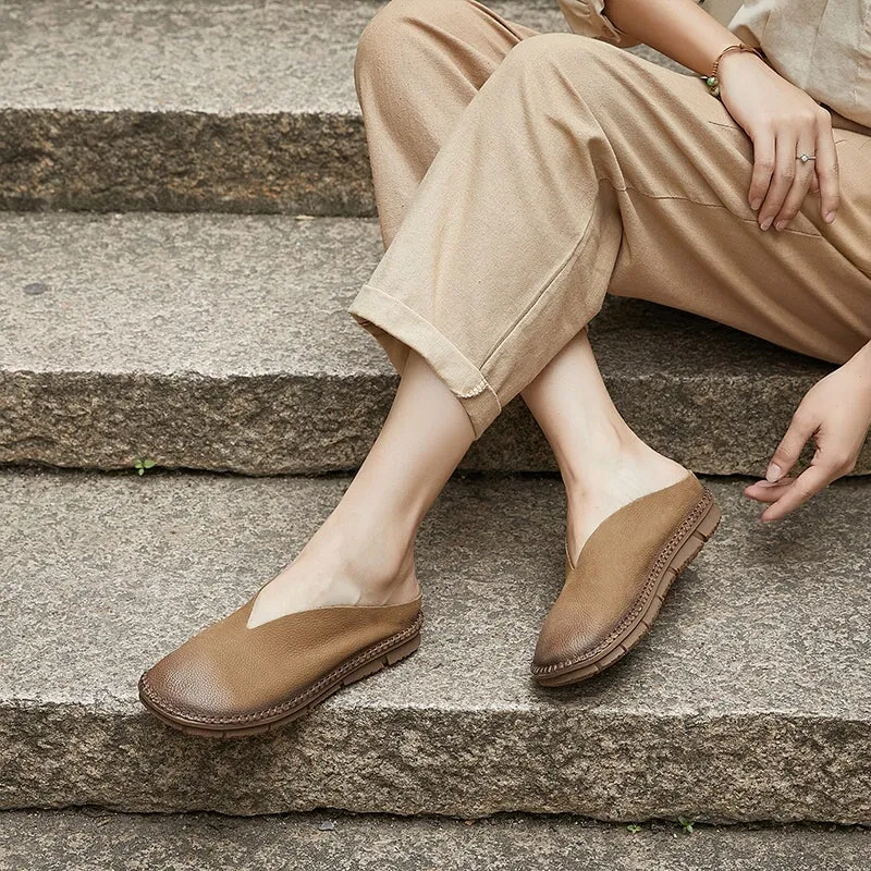 Retro Soft Leather Loafer Mules for Women Backless Loafers in Coffee/Khaki