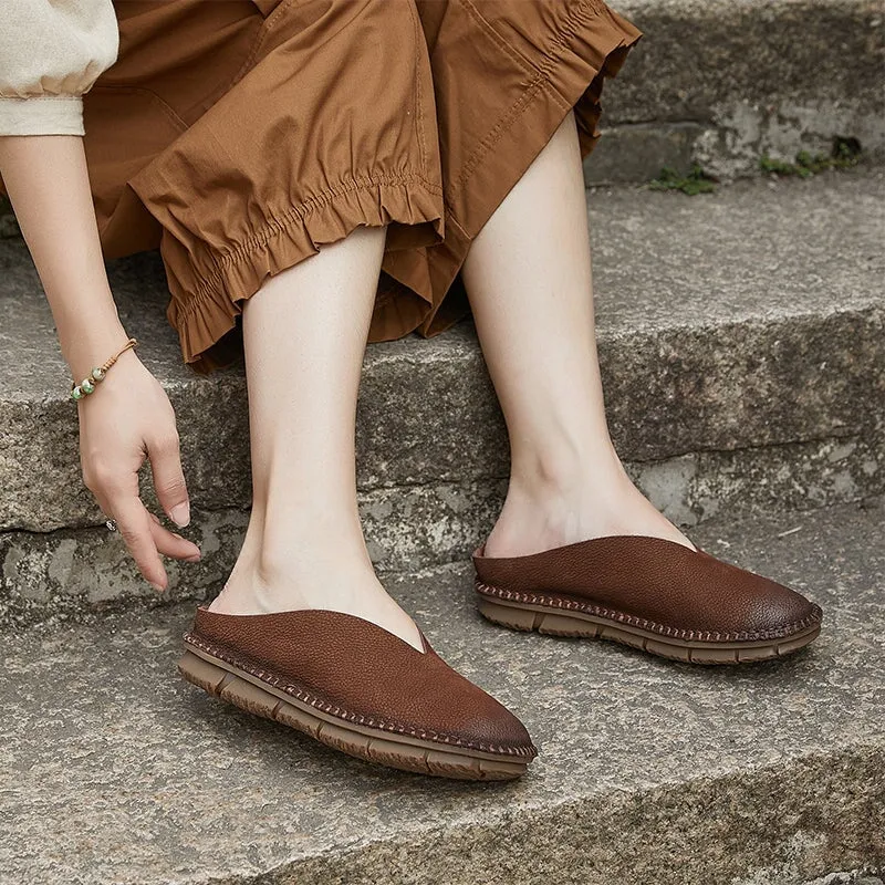 Retro Soft Leather Loafer Mules for Women Backless Loafers in Coffee/Khaki