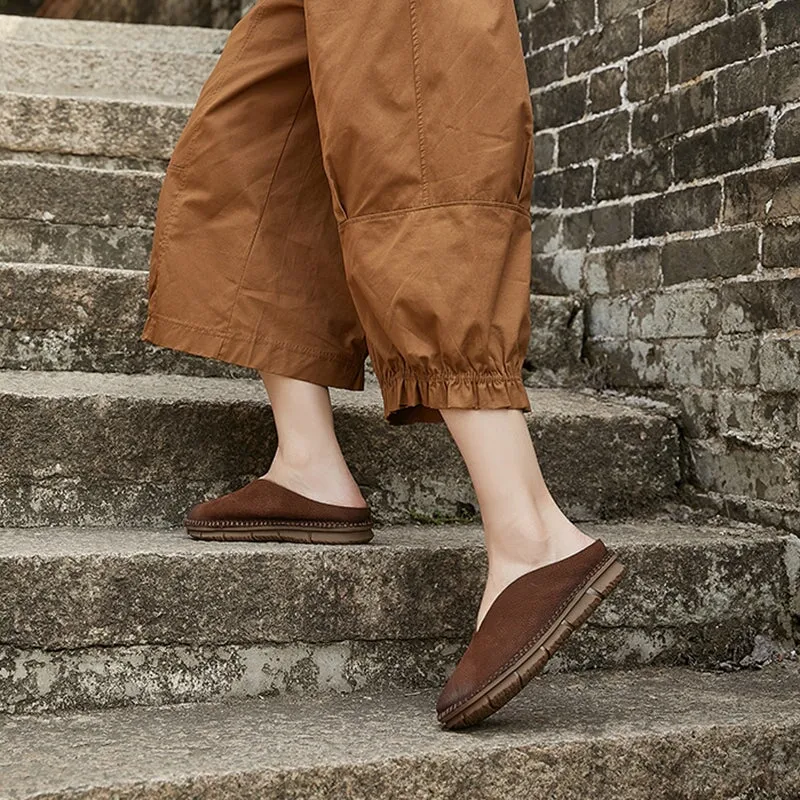 Retro Soft Leather Loafer Mules for Women Backless Loafers in Coffee/Khaki