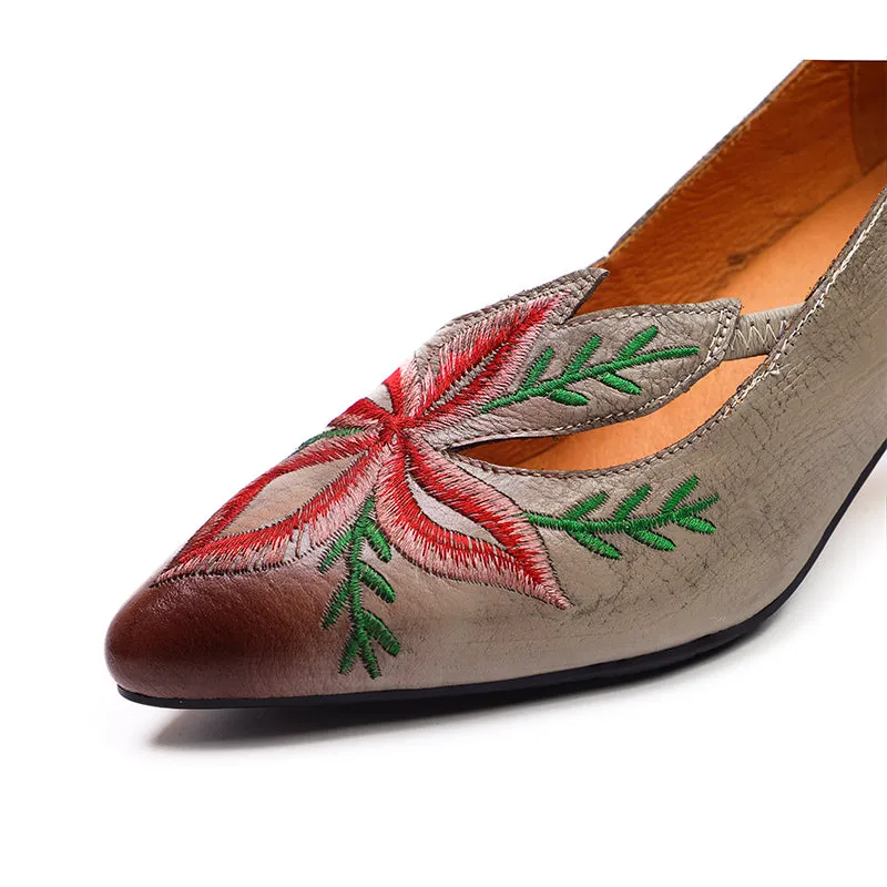 Retro Style Embroidery Pointed-Toe Pumps For Women sculptural heeled Designer Shoes Coffee/Grey