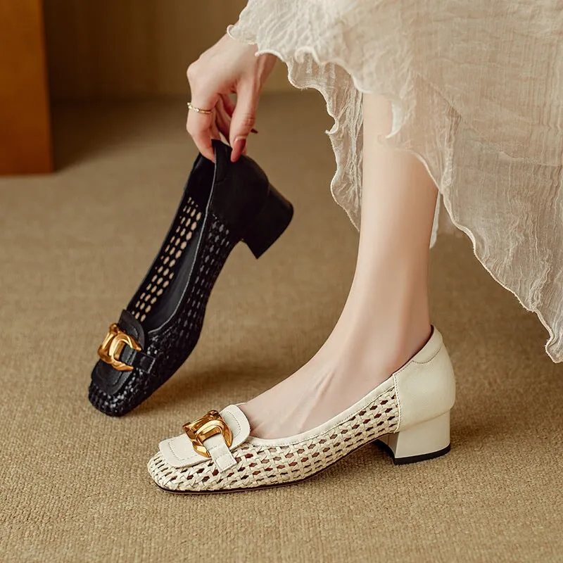 Retro Style Handmade Leather Square Toe Pumps Block Heel In Beige/Black