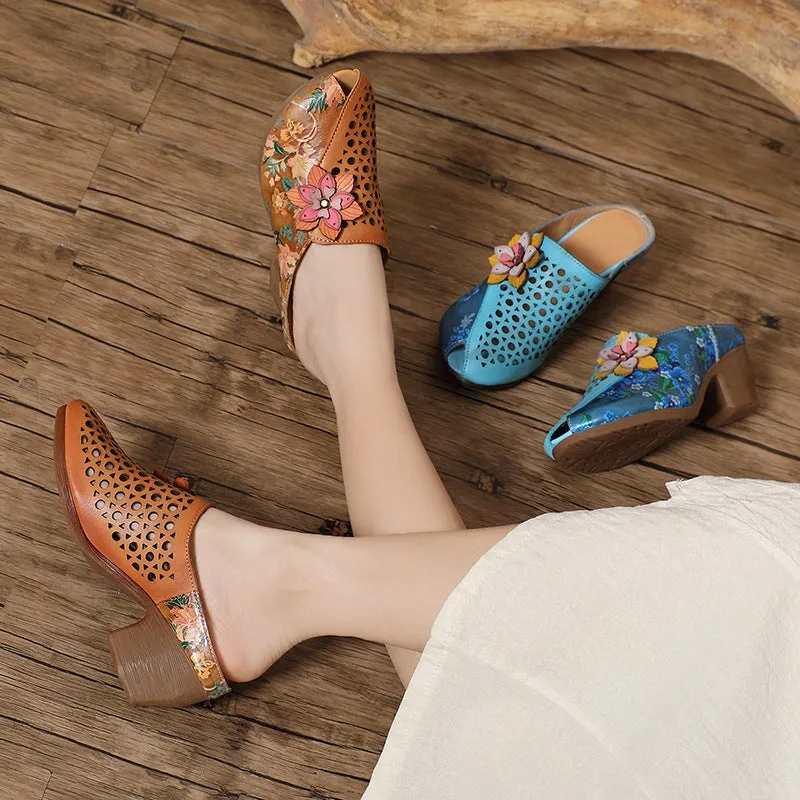 Retro Style Printing Leather Round Toe Mules For Women Block Heel in Camel/Blue