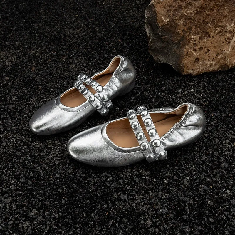 Round Toe Cowhide Double Strappy Mary Jane Flats in Silver/Black/Golden/Grey