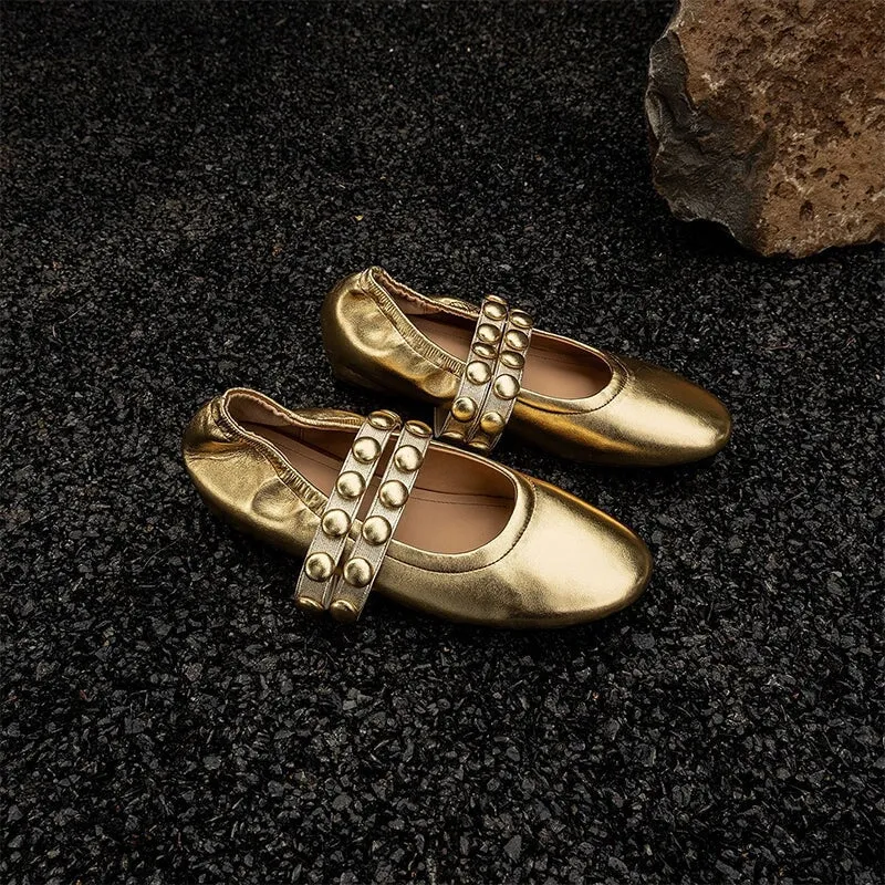 Round Toe Cowhide Double Strappy Mary Jane Flats in Silver/Black/Golden/Grey