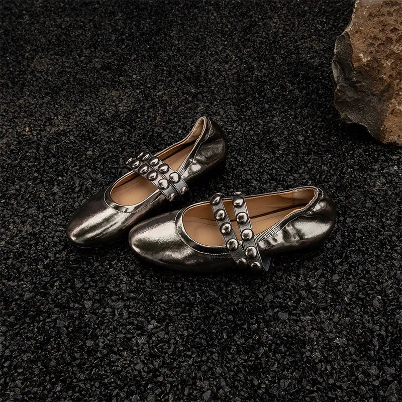 Round Toe Cowhide Double Strappy Mary Jane Flats in Silver/Black/Golden/Grey