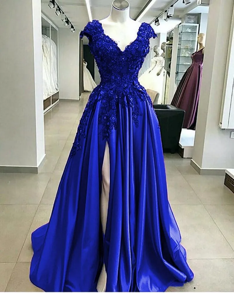 Royal Blue Cap sleeves V-neck High split A-line Evening Dresses