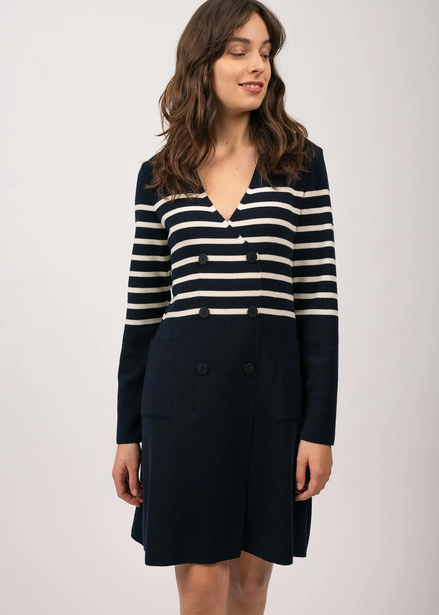 Royale striped dress in wool - crossed V neck (NAVY/ECUME)