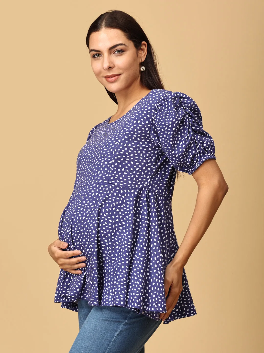 Sky Dot Puff Sleeve Maternity and Nursing Top