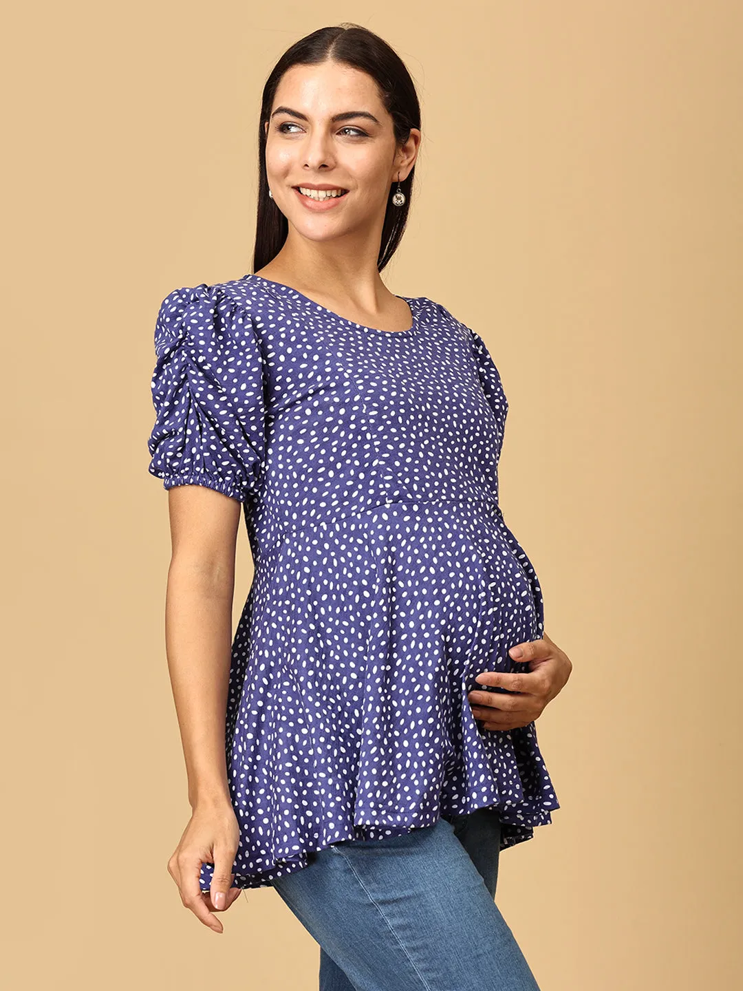 Sky Dot Puff Sleeve Maternity and Nursing Top