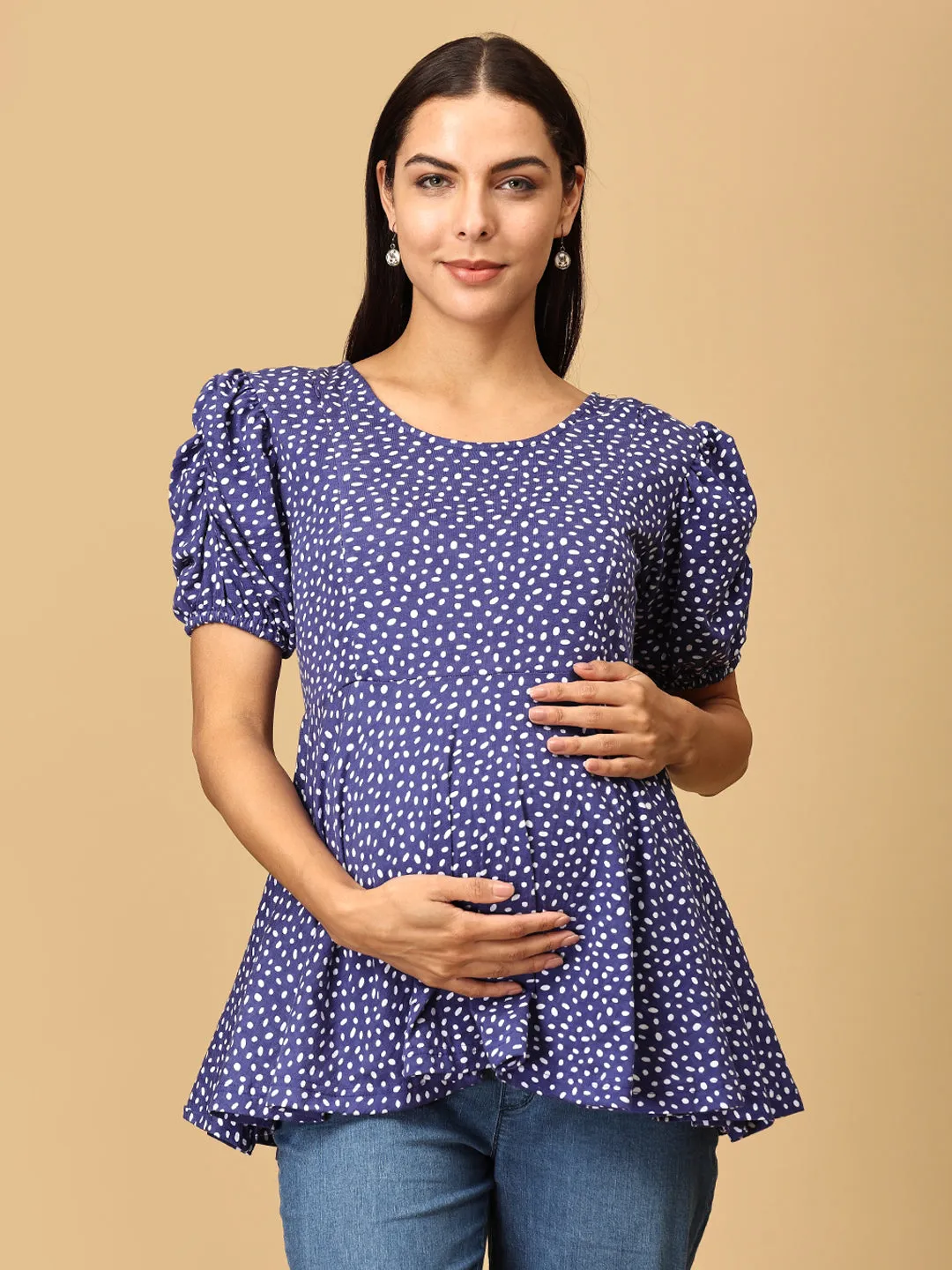 Sky Dot Puff Sleeve Maternity and Nursing Top