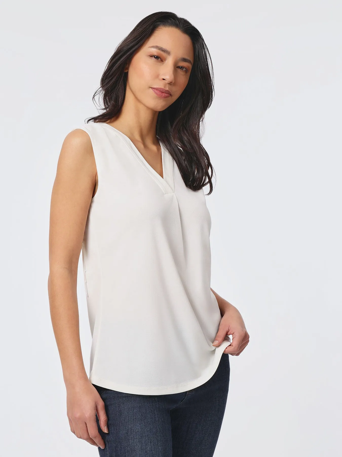 Sleeveless V-Neck Pleat Front Blouse