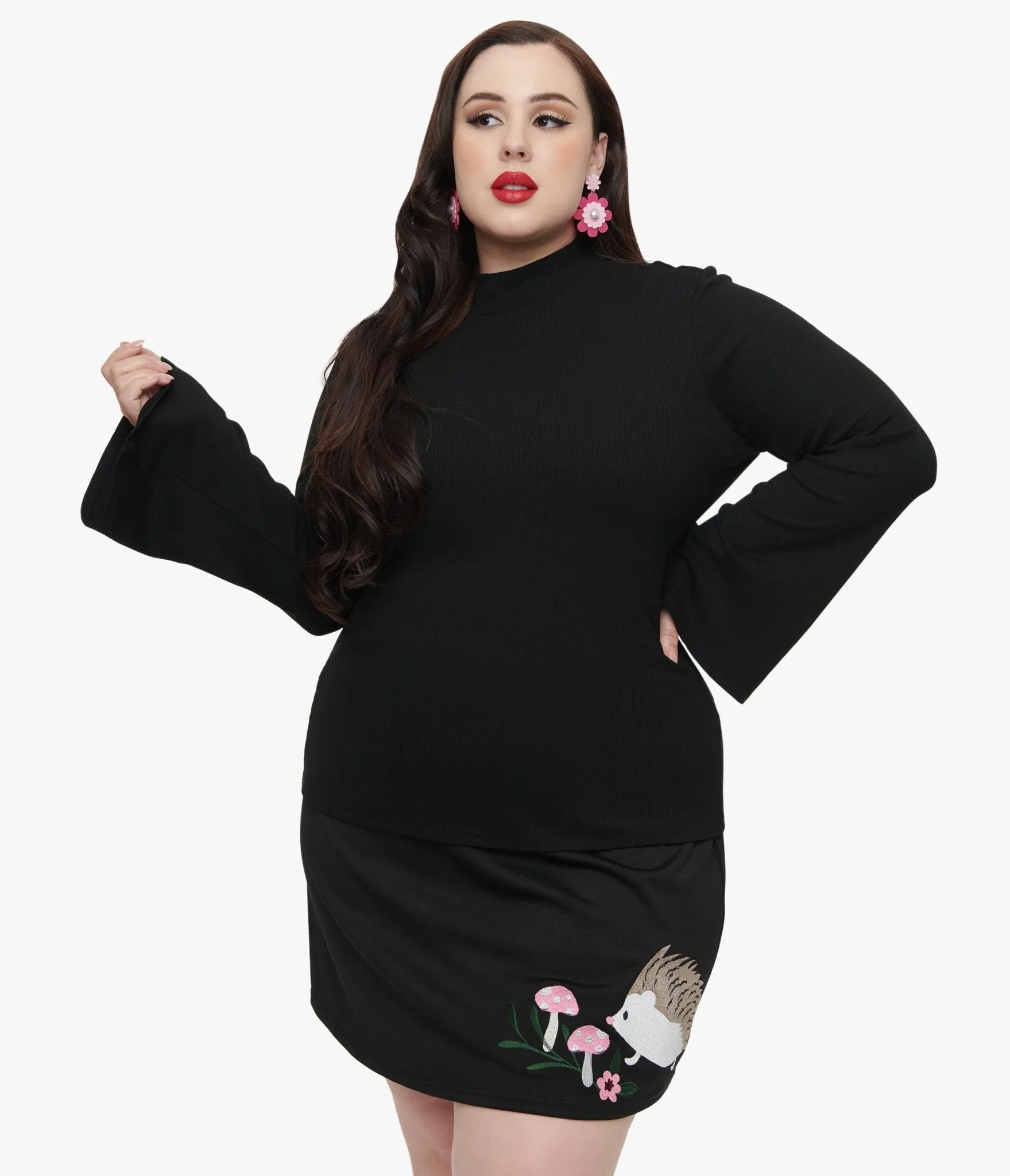 Smak Parlour Plus Size 1960s Black Mock Neck Bell Sleeve Top