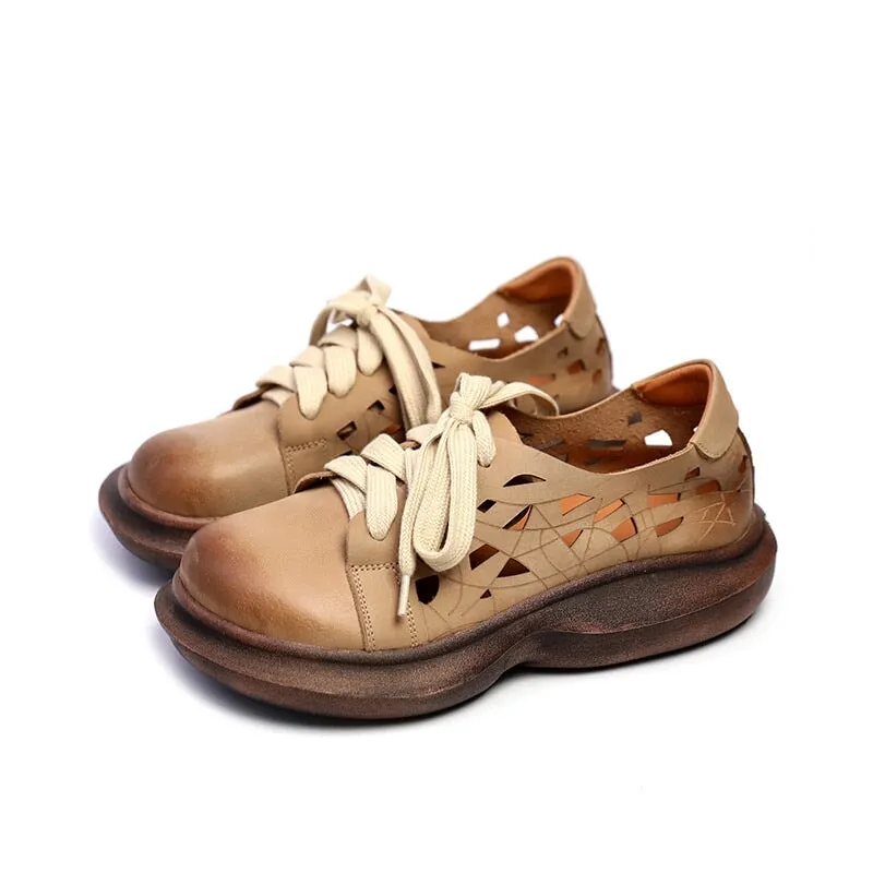 Soft Leather Lace-Up Casual Shoes Retro Platform Oxfords in Beige/Coffee