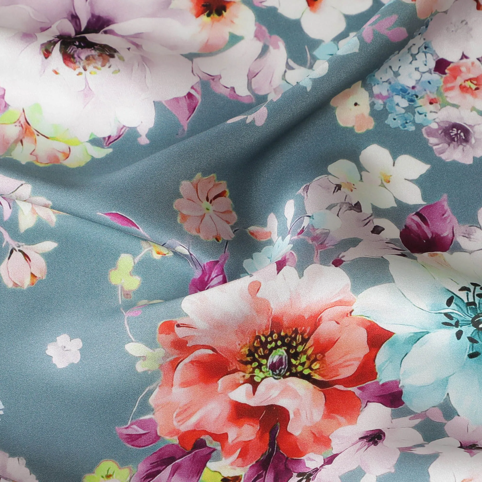 Sophisticated Dusty Blue Italian Pure Silk Satin Fabric with Vivid Floral Print, 140cm Wide - Timeless Fashion Canvas-D18710