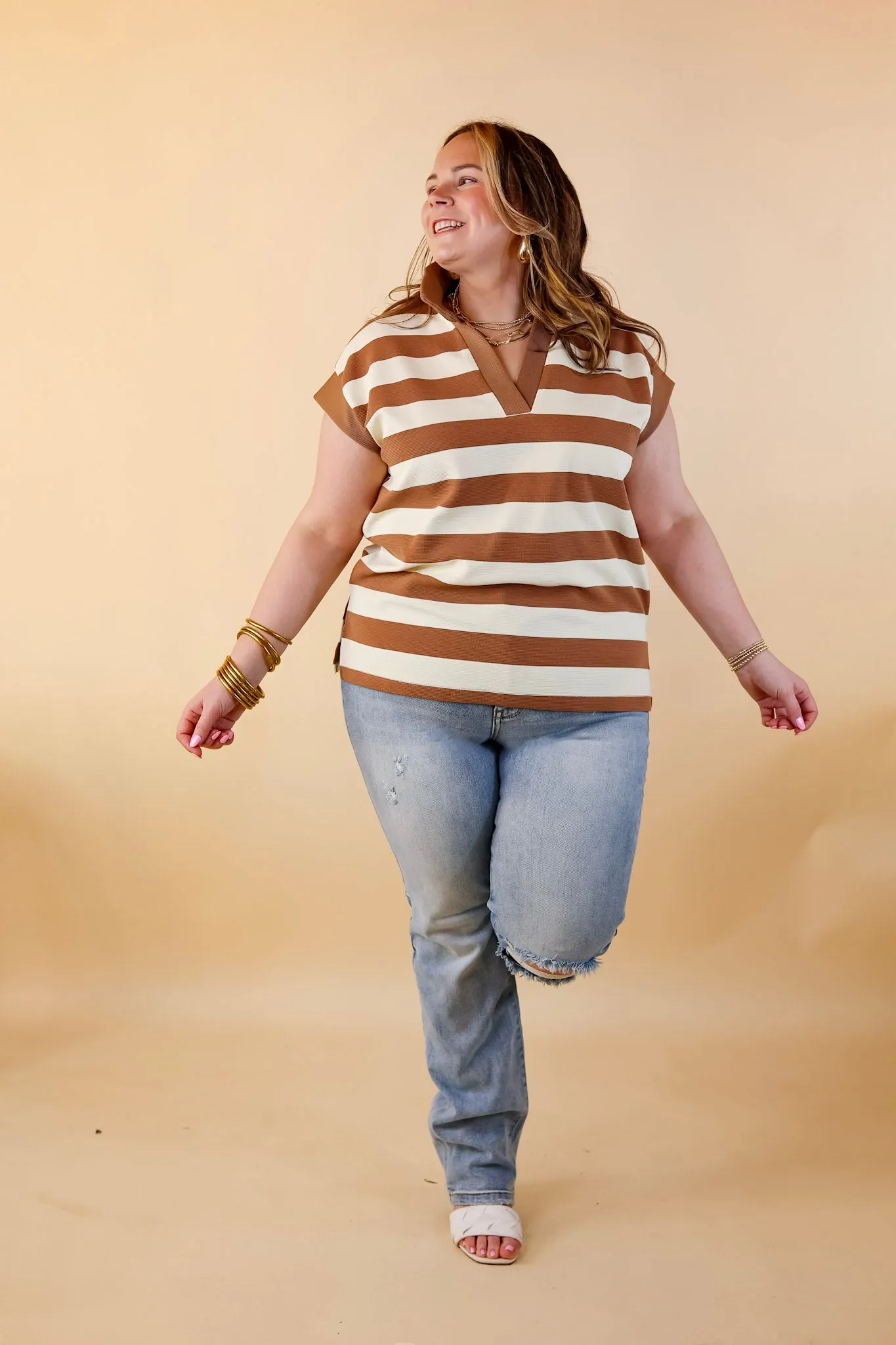 Stripe it Simple Collared Stripe Top with Drop Sleeves in Taupe and Cream