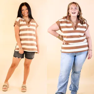 Stripe it Simple Collared Stripe Top with Drop Sleeves in Taupe and Cream