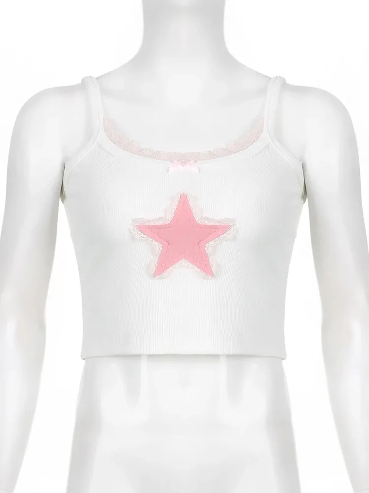 Sweet Chic Cute Strap Mini Camis Tops Star Patched Lace Trim Summer Crop Top Female Korean Style Slim Y2K Retro Tees