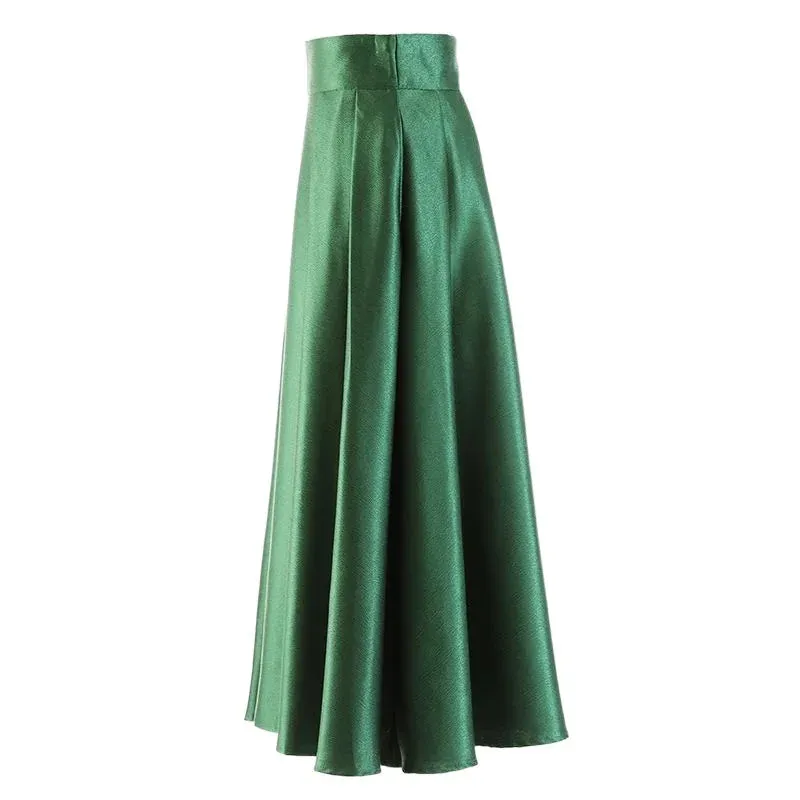 TAVIMART  -  New Green Shiny Fashion Umbrella Chic Solid Color Spring Summer Skirt Pleated Skirts High Waist Party Elegant Long Skirt