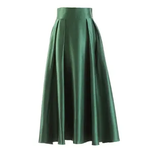 TAVIMART  -  New Green Shiny Fashion Umbrella Chic Solid Color Spring Summer Skirt Pleated Skirts High Waist Party Elegant Long Skirt