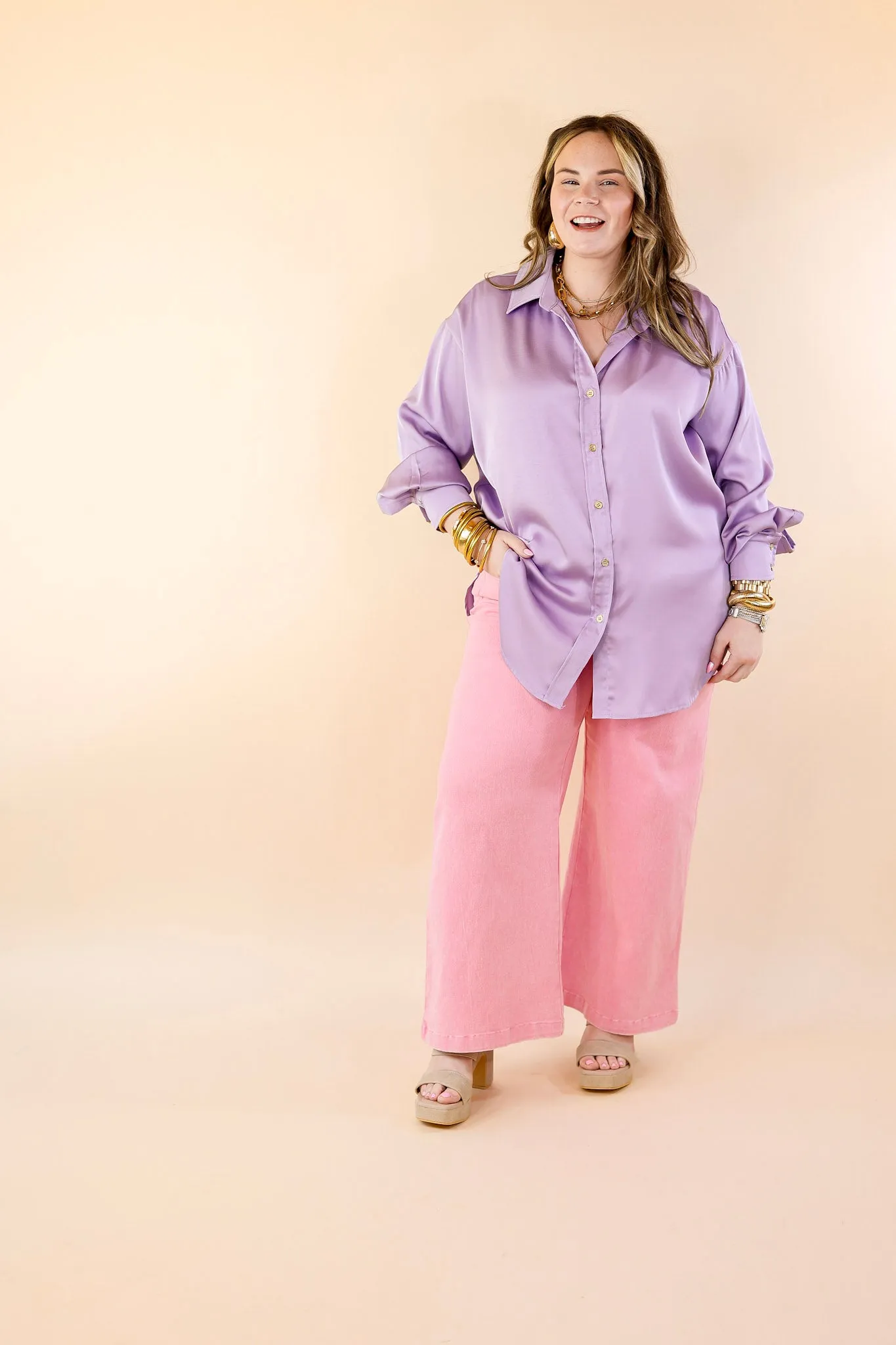 Tell Me Something Good Long Sleeve Button Up Top in Lavender Purple