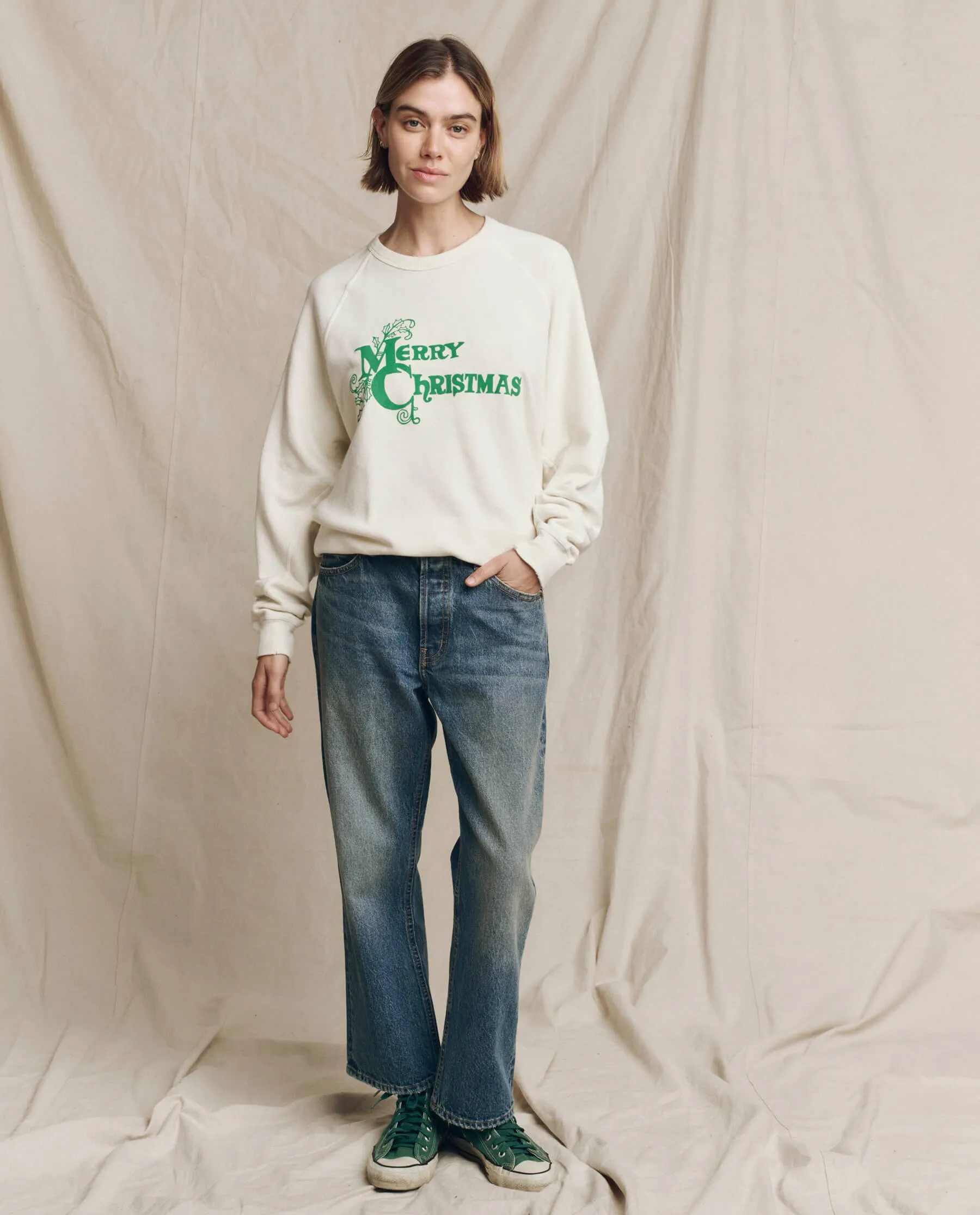 The College Sweatshirt. Graphic -- Washed White with Merry Christmas Graphic