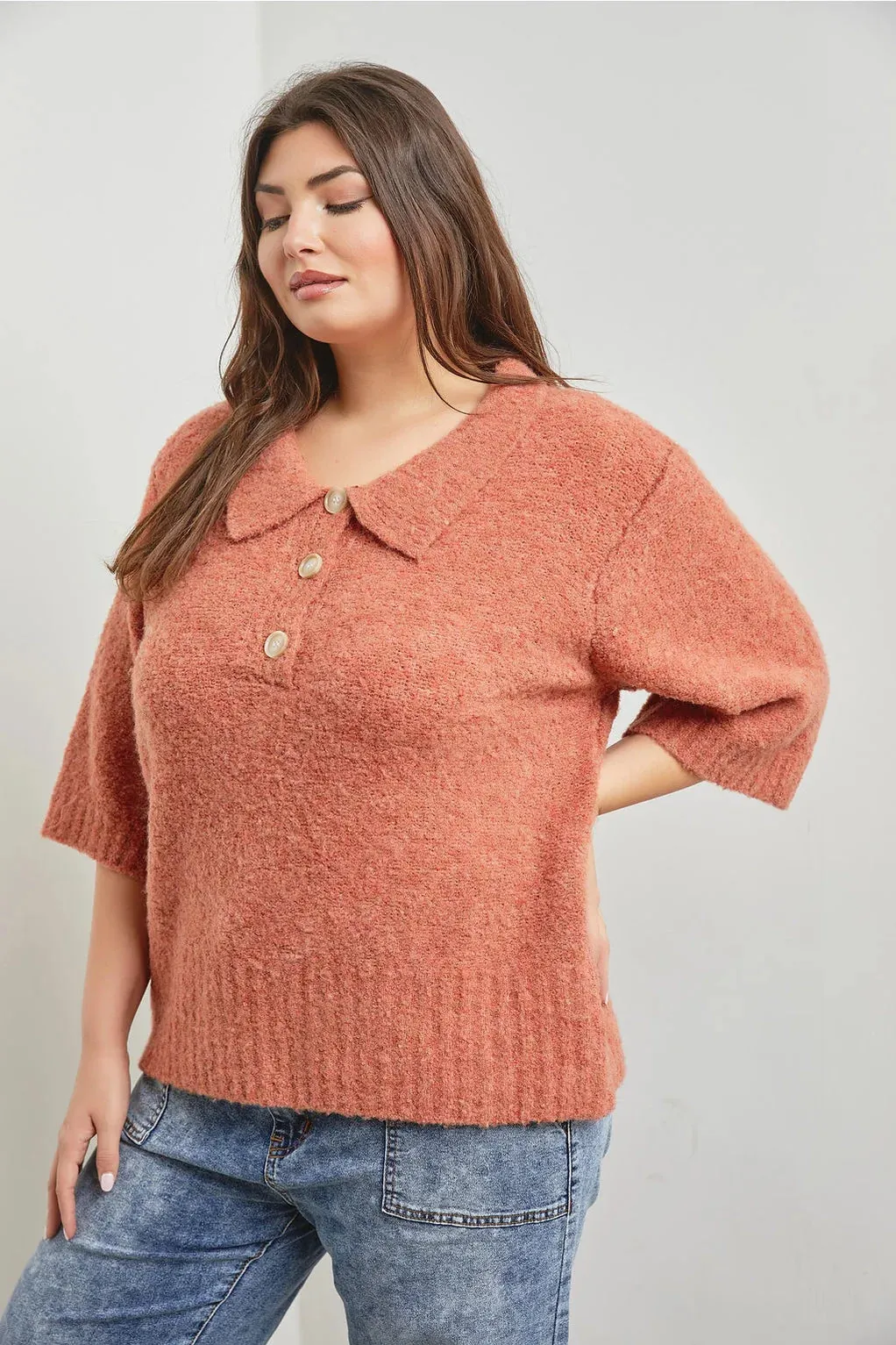 The Tori Boucle Polo Top - Terracotta - PLUS