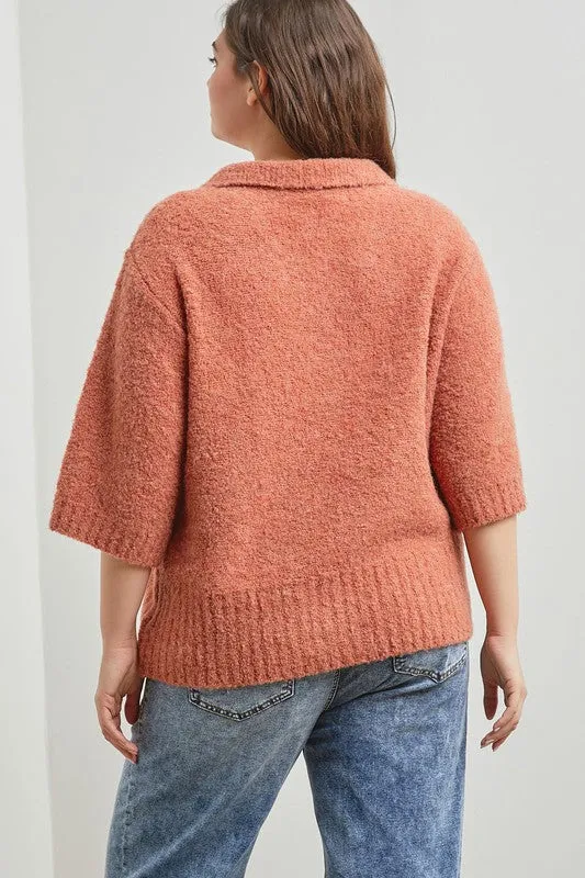 The Tori Boucle Polo Top - Terracotta - PLUS