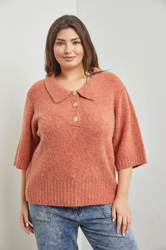 The Tori Boucle Polo Top - Terracotta - PLUS