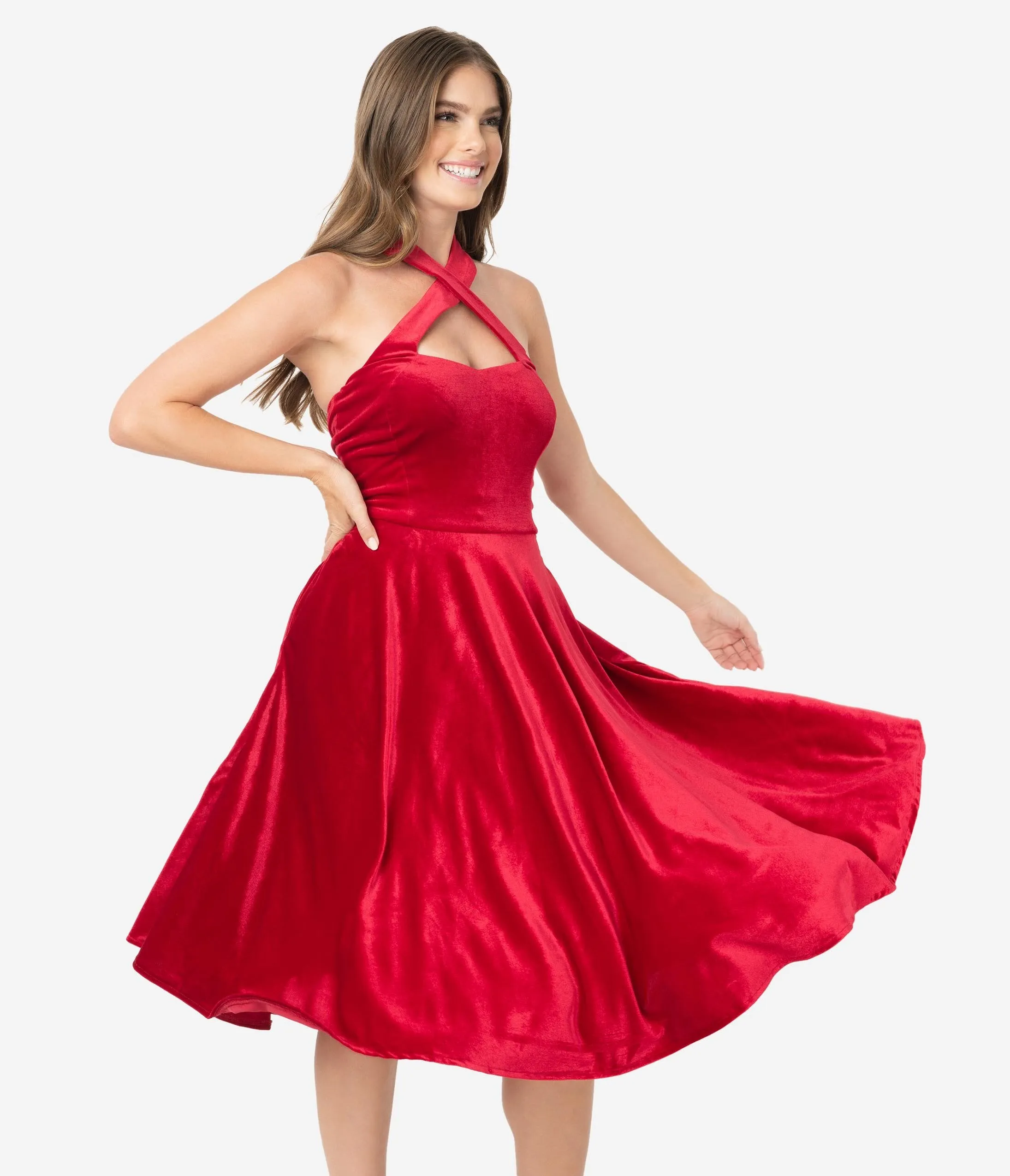 Unique Vintage 1950s Style Red Velvet Rita Halter Flare Dress