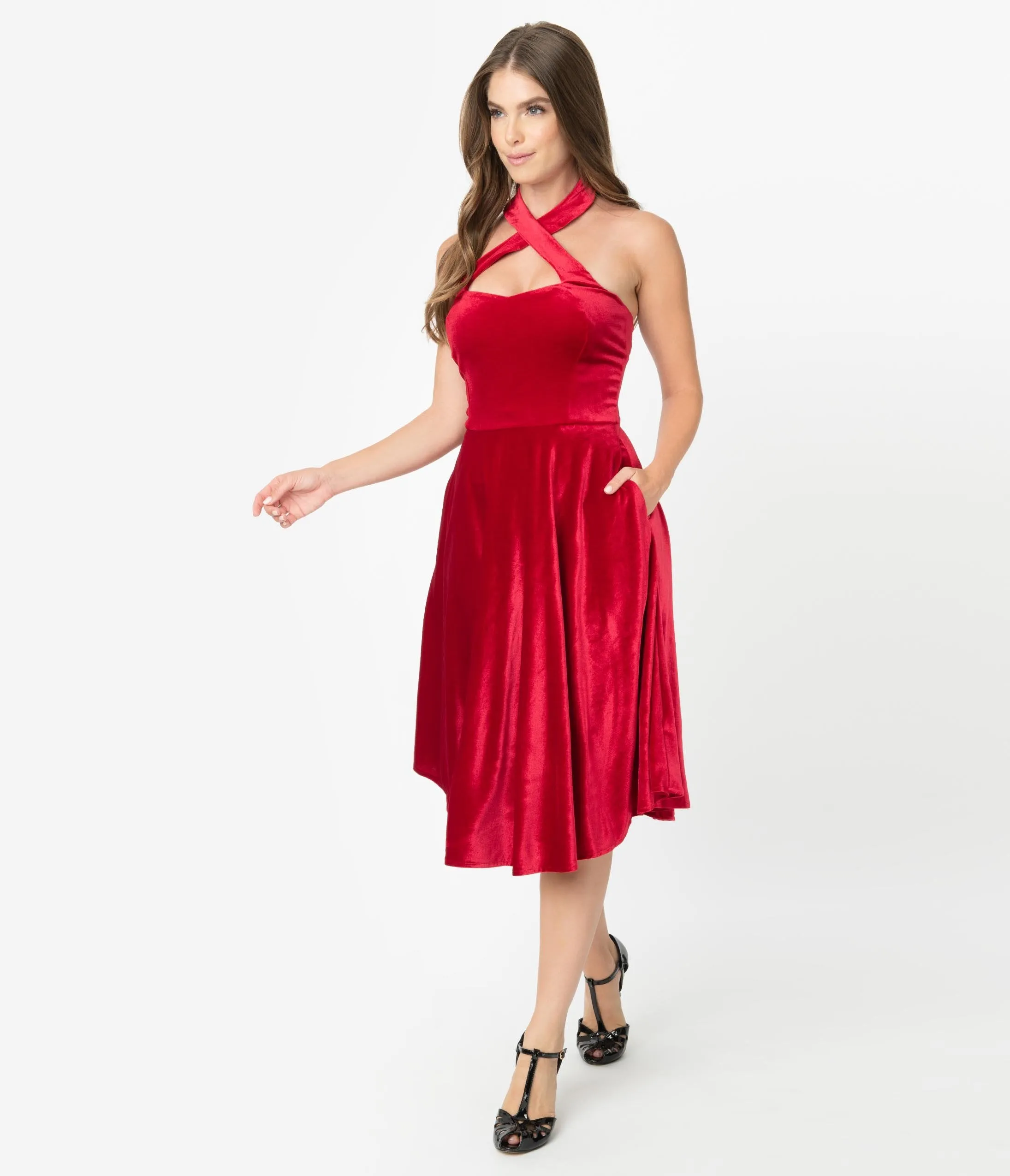 Unique Vintage 1950s Style Red Velvet Rita Halter Flare Dress