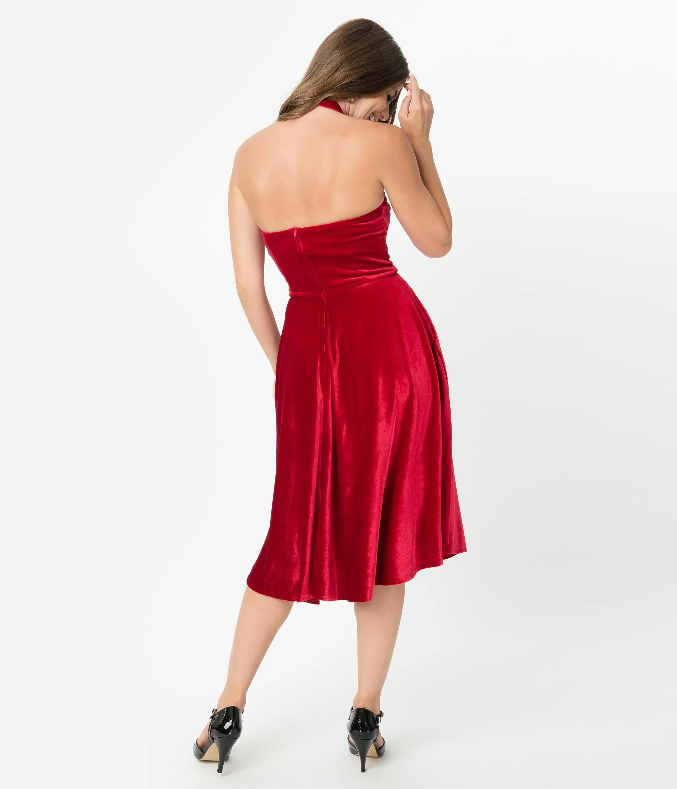 Unique Vintage 1950s Style Red Velvet Rita Halter Flare Dress