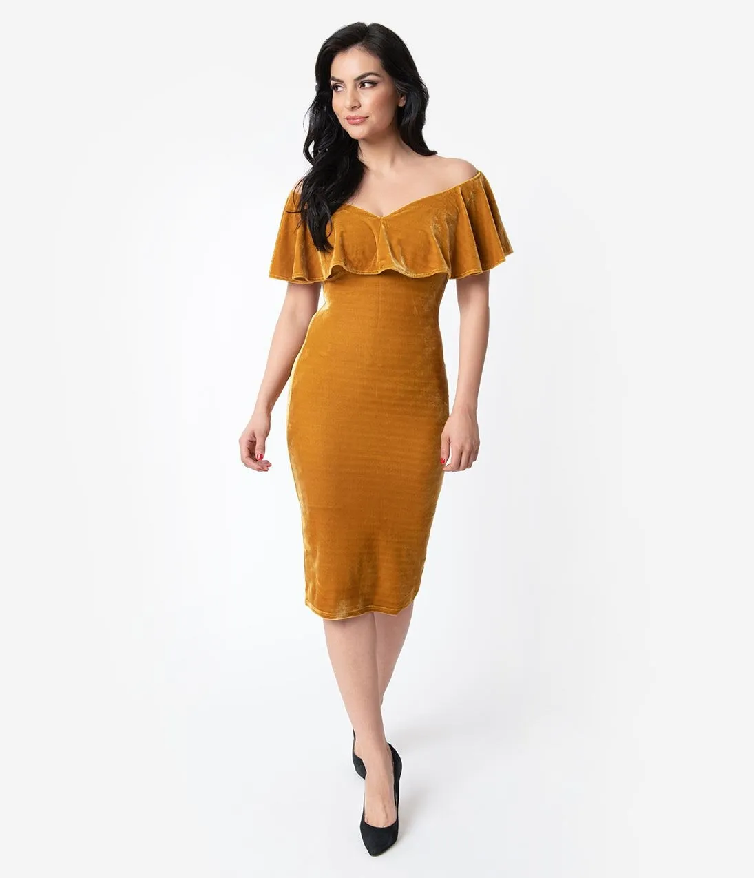 Unique Vintage Mustard Velvet Draped Off Shoulder Sophia Wiggle Dress