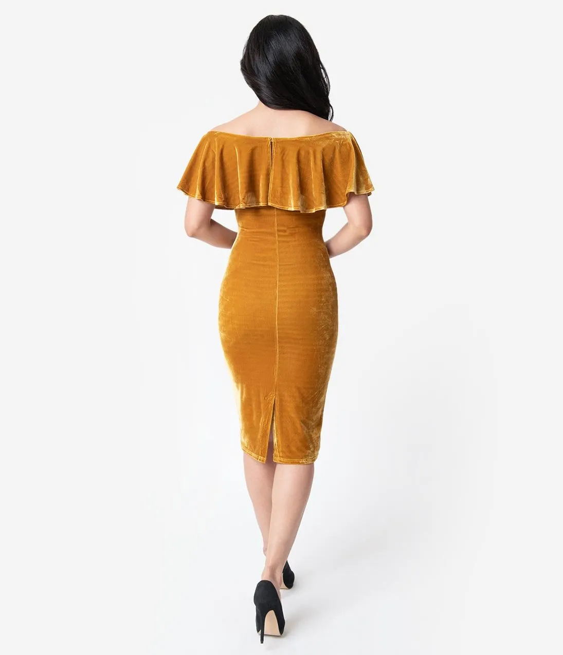 Unique Vintage Mustard Velvet Draped Off Shoulder Sophia Wiggle Dress