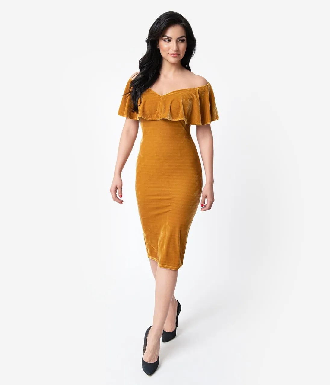 Unique Vintage Mustard Velvet Draped Off Shoulder Sophia Wiggle Dress