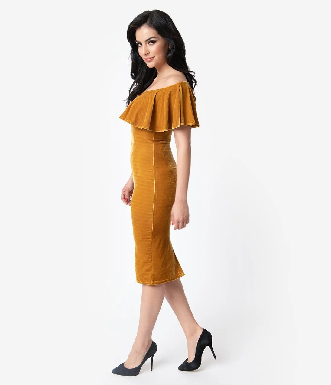 Unique Vintage Mustard Velvet Draped Off Shoulder Sophia Wiggle Dress