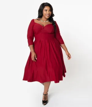 Unique Vintage Plus Size 1950s Deep Red Bengaline Sweetheart Lamar Swing Dress