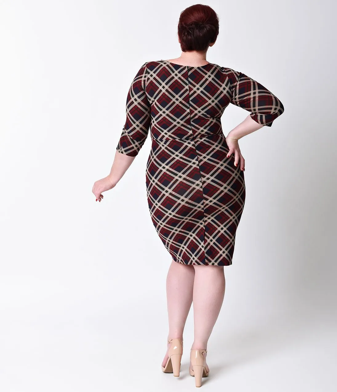 Unique Vintage Plus Size 1960s Style Red Plaid Long Sleeve Mod Wiggle Dress