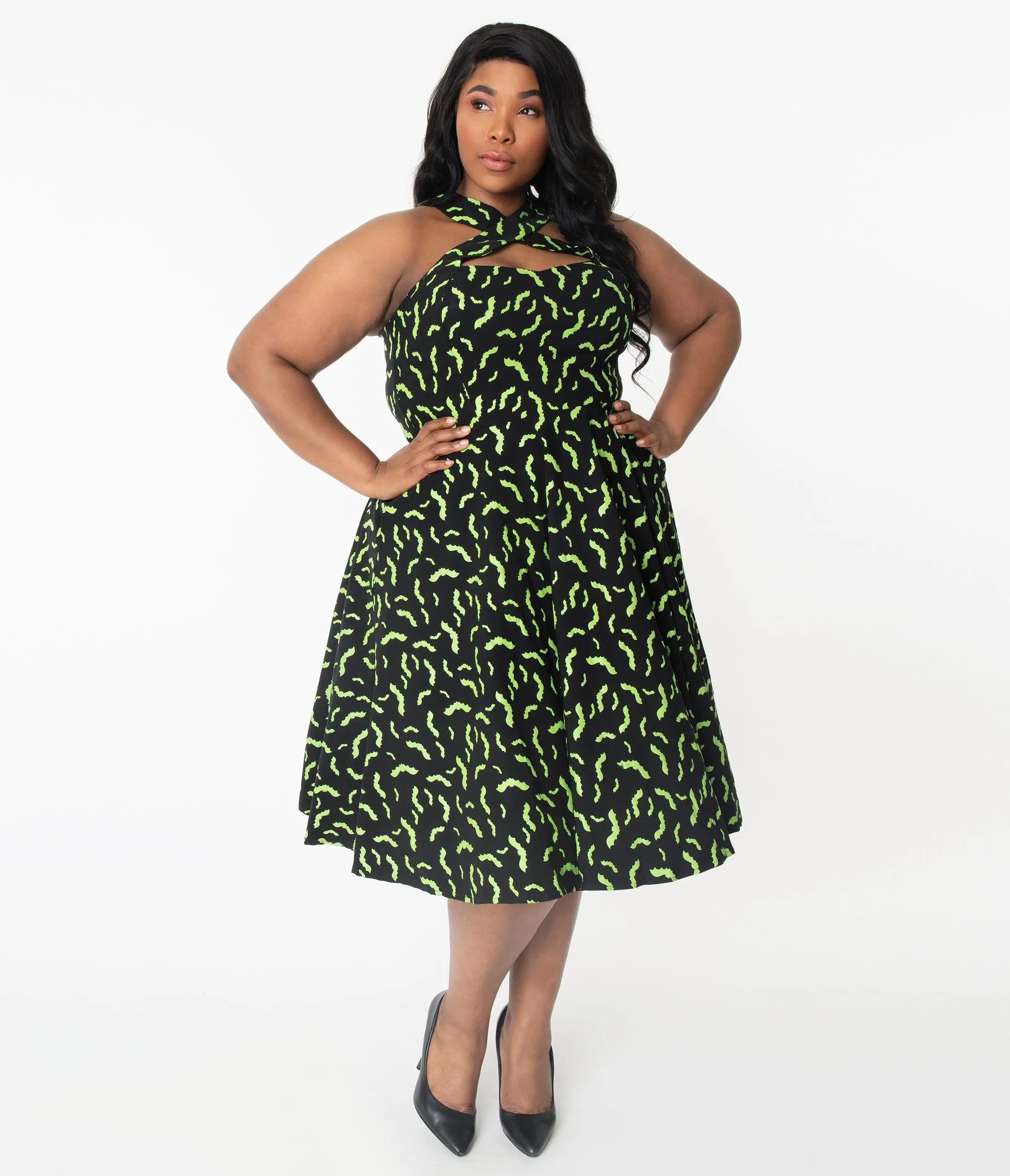 Unique Vintage Plus Size Black & Neon Green Bats Rita Flare Dress