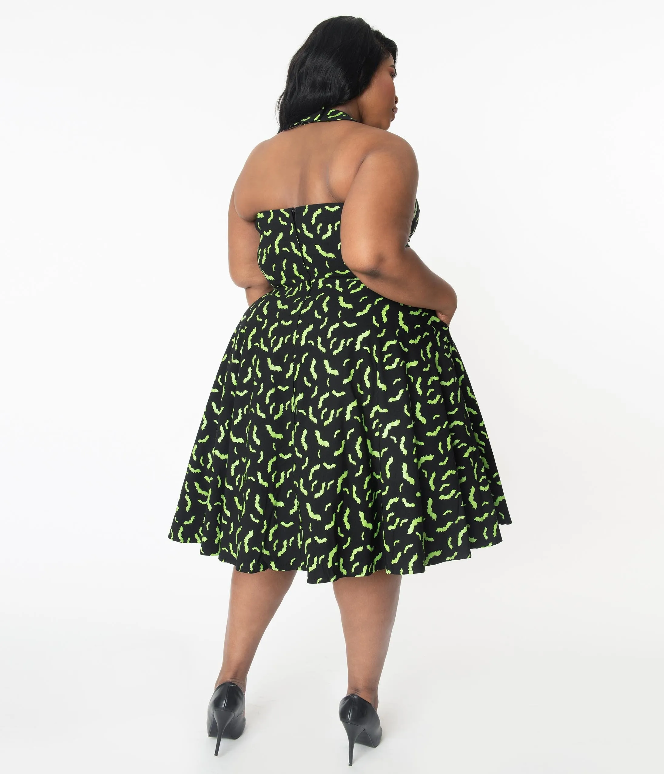 Unique Vintage Plus Size Black & Neon Green Bats Rita Flare Dress