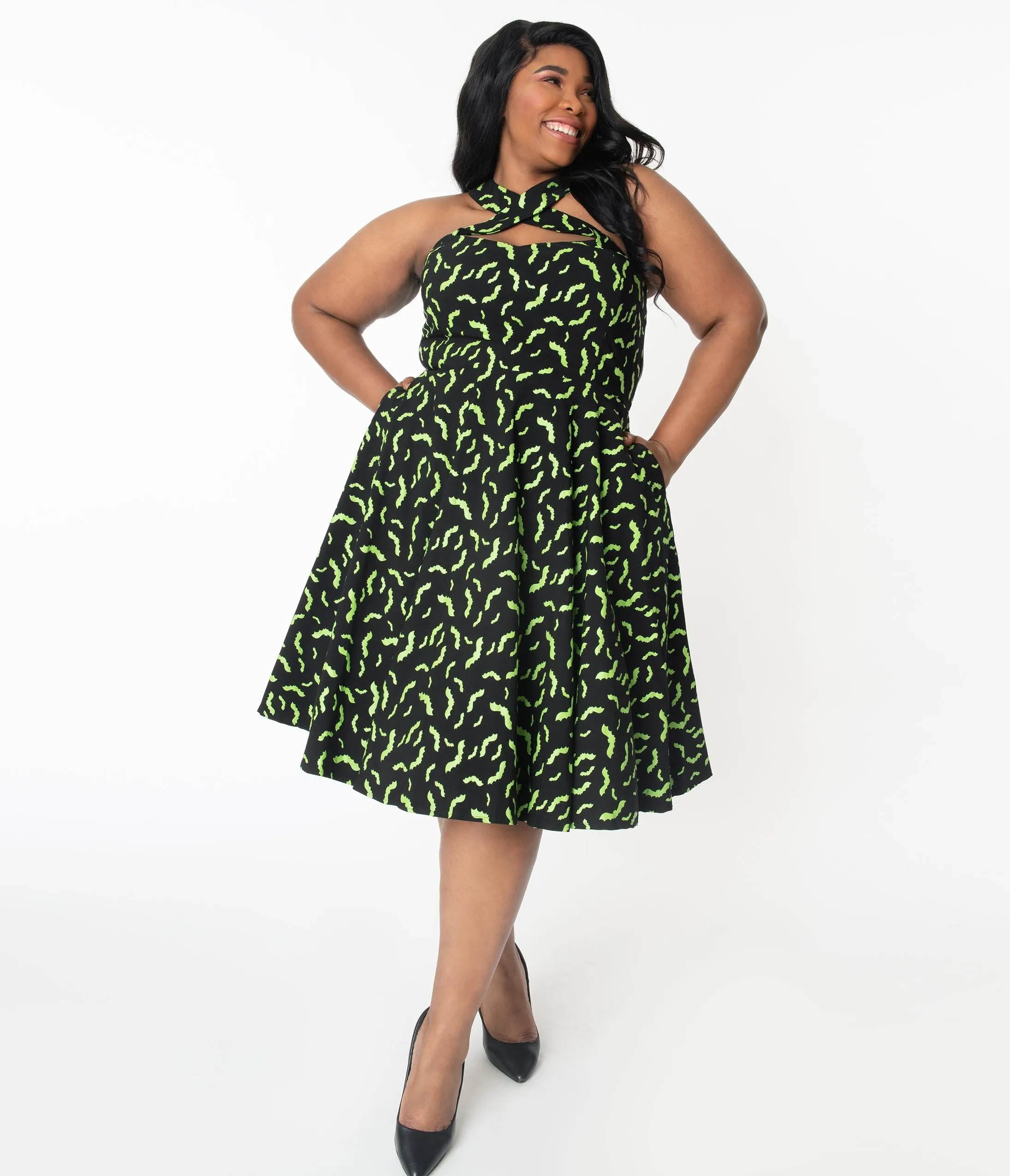 Unique Vintage Plus Size Black & Neon Green Bats Rita Flare Dress