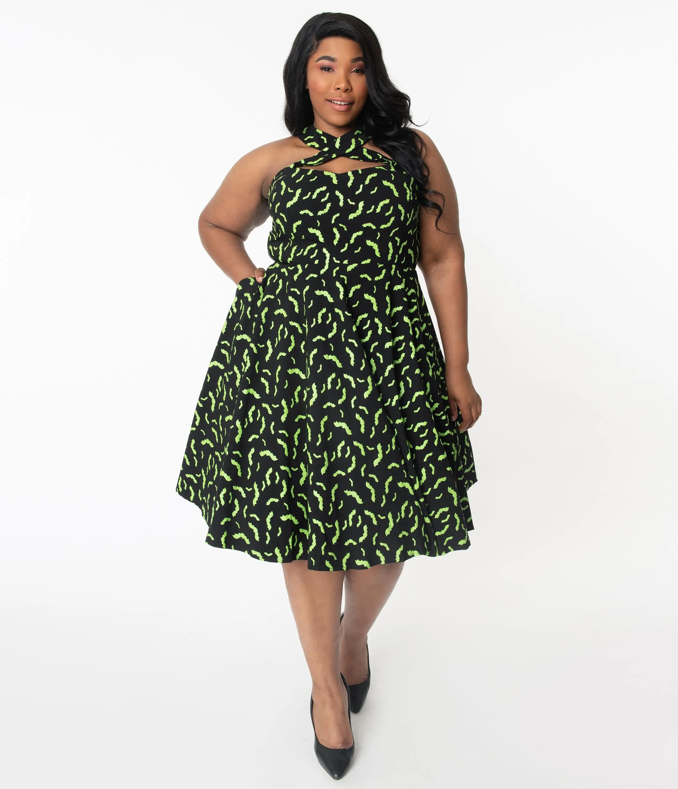 Unique Vintage Plus Size Black & Neon Green Bats Rita Flare Dress