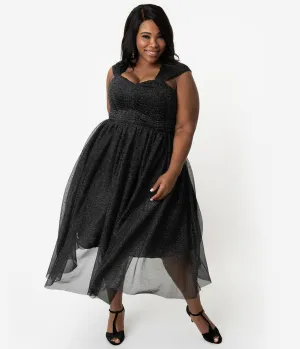 Unique Vintage Plus Size Black & Silver Glitter Garden State Mesh Cocktail Dress