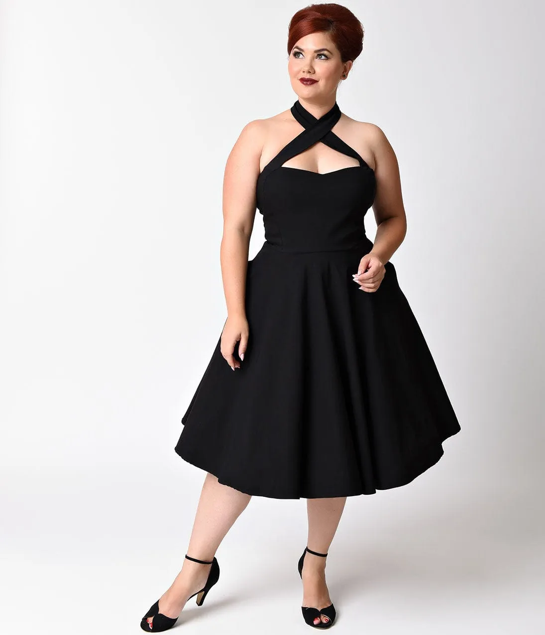 Unique Vintage Plus Size Black Criss Cross Halter Rita Flare Dress