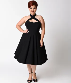 Unique Vintage Plus Size Black Criss Cross Halter Rita Flare Dress