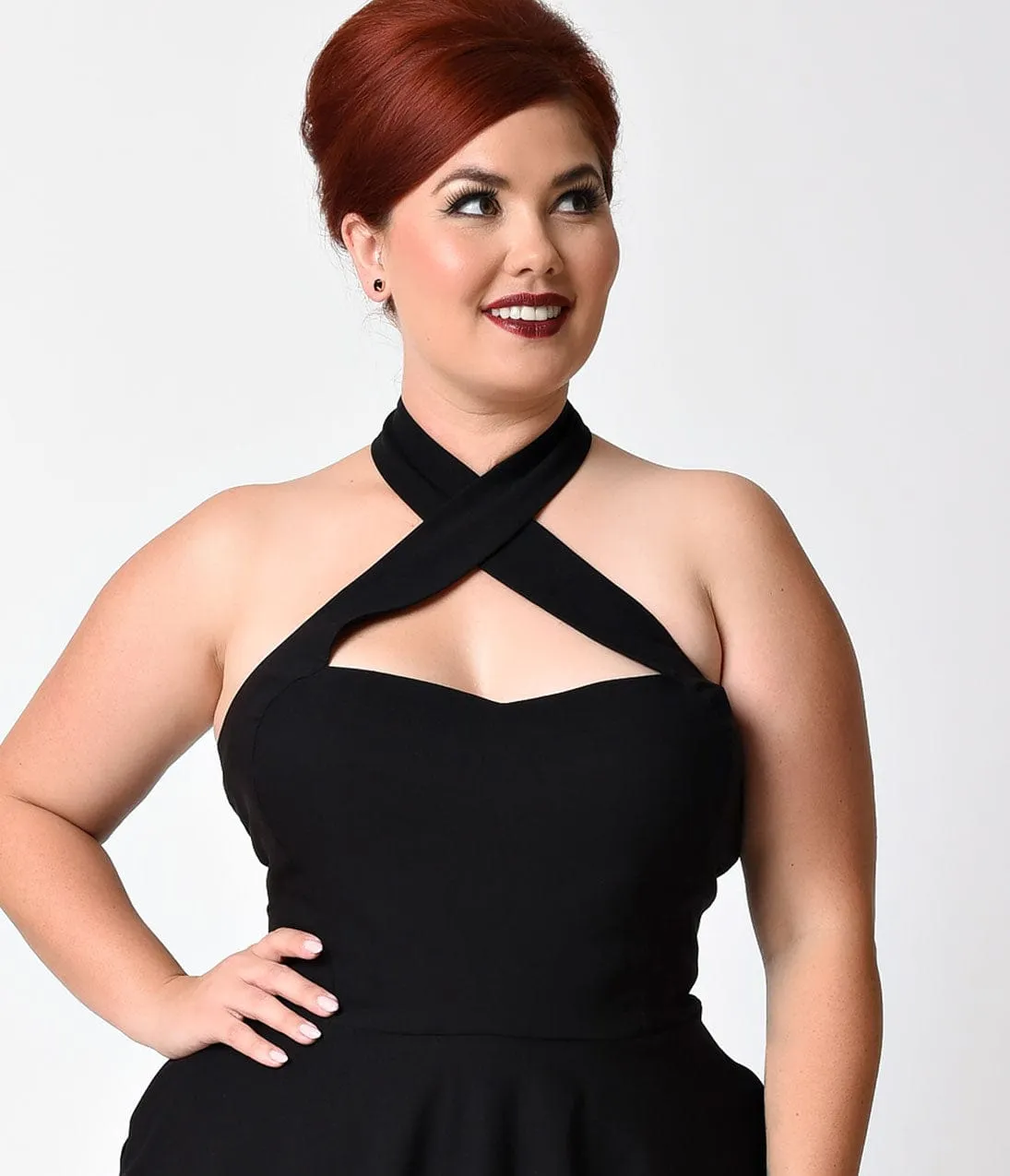 Unique Vintage Plus Size Black Criss Cross Halter Rita Flare Dress