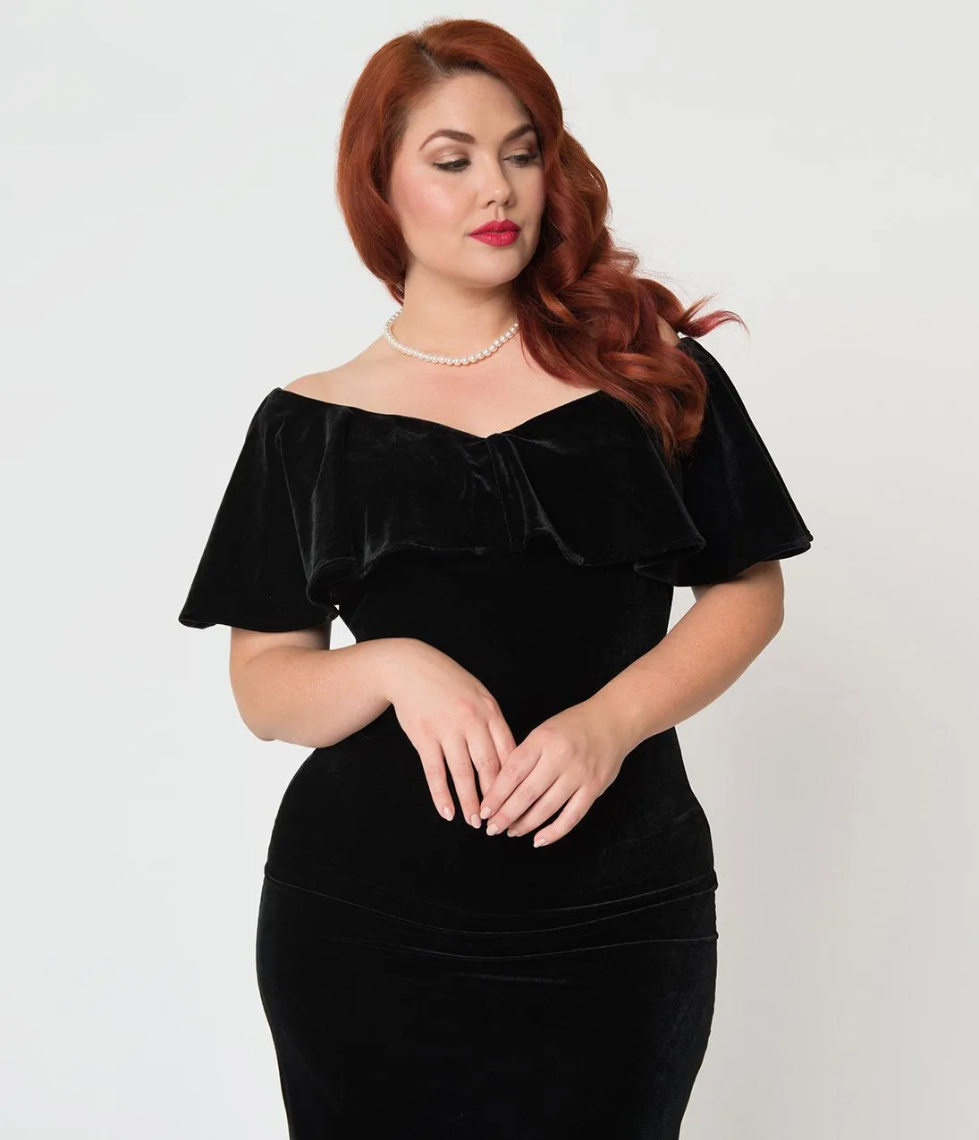 Unique Vintage Plus Size Black Velvet Draped Off Shoulder Sophia Wiggle Dress